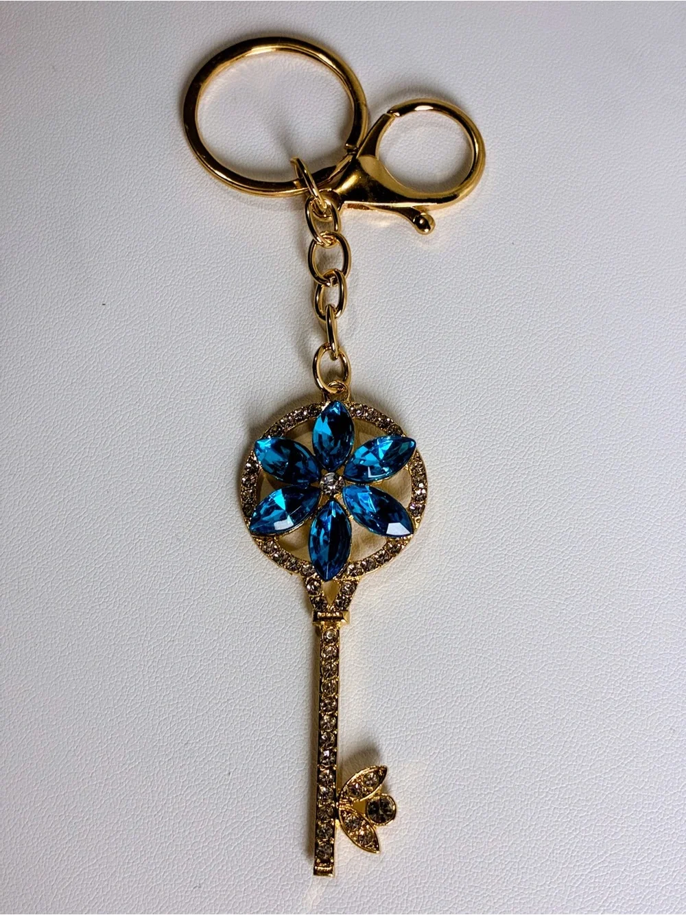 Gold Key Crystal Keychain with Bright Blue Flower Petals Accent New Without Tags